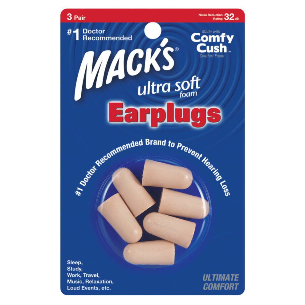 (3 Pairs / Pack) Mack's Ultra Soft Foam Earplugs Sleep Study Travel