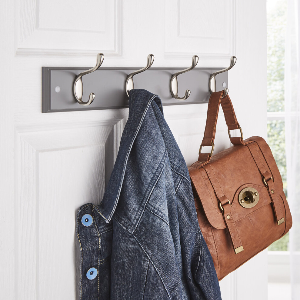 4 Double Coat Hooks Wall Mounted Grey Wooden Board With FREE Fixings