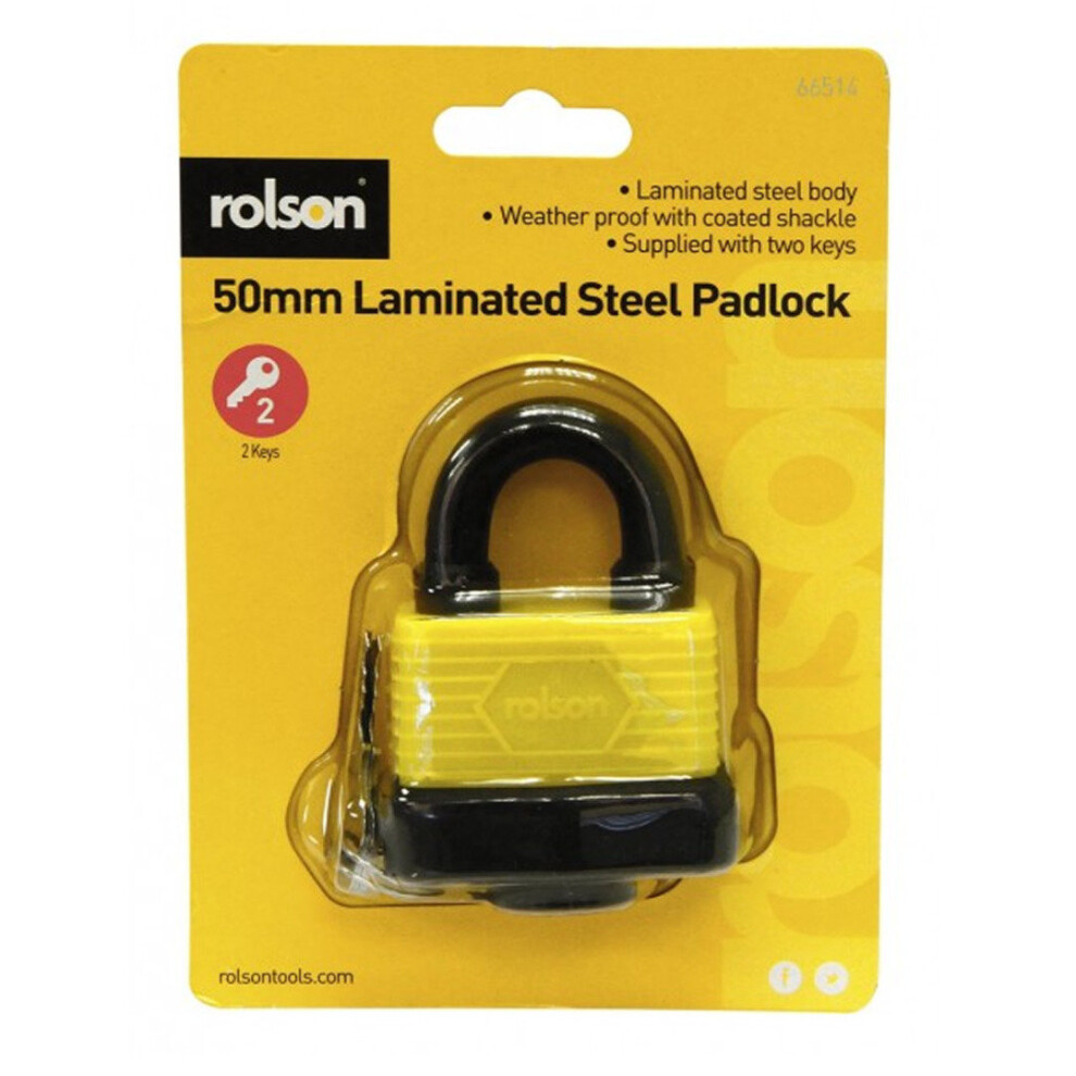 50mm Weatherproof Heavy Duty Laminated Steel Padlock Key Shed Door Rolson 66514