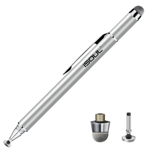 (Silver) ISOUL 2-in-1 Stylus Pen & 2 Replaceable Tips | Capacitive Stylus