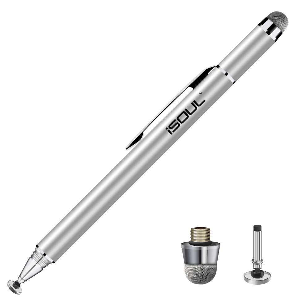 (Silver) ISOUL 2-in-1 Stylus Pen & 2 Replaceable Tips | Capacitive Stylus