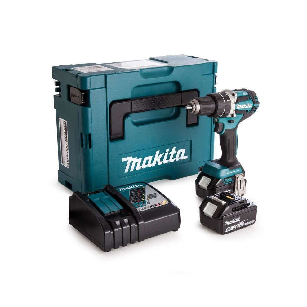 Perceuse visseuse à percussion 18V + 2 batteries 5Ah + chargeur + coffret MAKPAC - MAKITA - DHP484RTJ