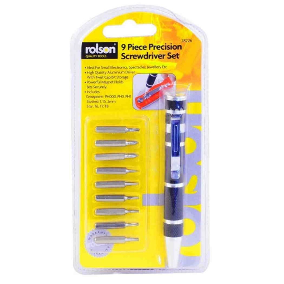 Precision Screwdriver Magnet Bit Set 9 In 1 - Twist Cap Storage Rolson 28226 5029594282260