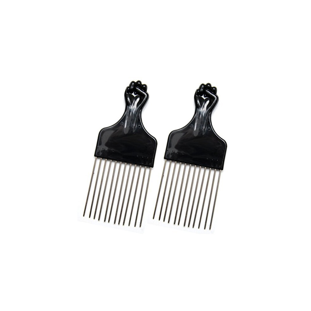 Luxxii (2 Pack) 6.75 Black Fist Metal Afro Pik Lift Hair Comb Detangle Wig Braid Hair Man Styling Comb