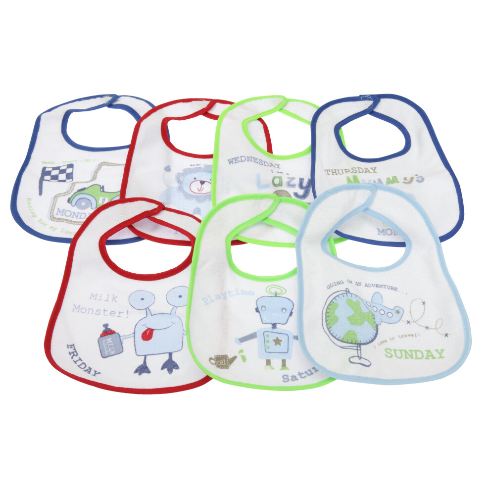 (0-6 Months, Blue) Baby Patterned 7 Days Of The Week Bibs In Boys & Girls Options (Pack Of 7)