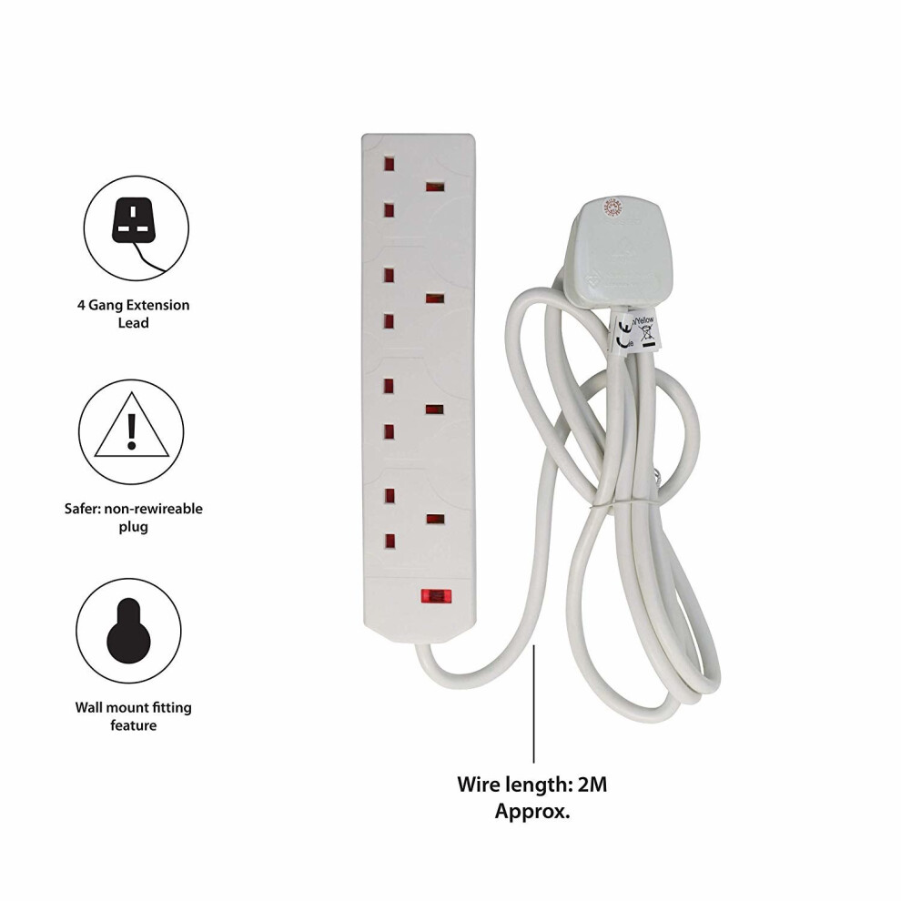 Pifco 4 Way Uk 3Pin Plug 13A 250V Extension Lead With 2 Metre High-Quality Cable - Neon Power On Indicator - White