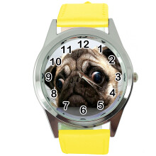 (Yellow) Pug Dog Quartz Round Watch With Real Leather Strap