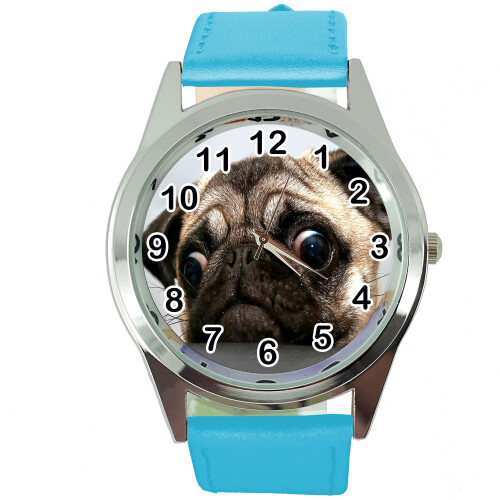 (Blue) Pug Dog Quartz Round Watch With Real Leather Strap