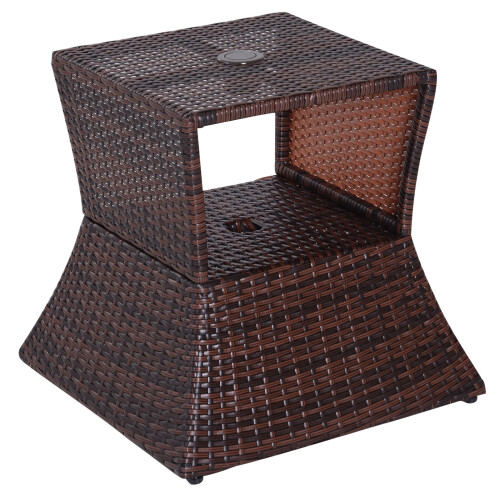 Outsunny Outsunny Rattan Wicker Tea Coffee Table w/ Umbrella Hole Storage Space