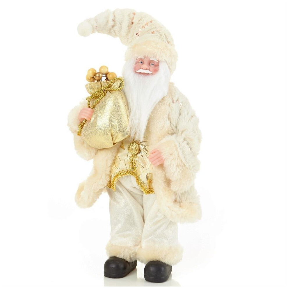 Christmas Decoration 30cm Standing Decorative Santa with Sack - Ivory/Gold