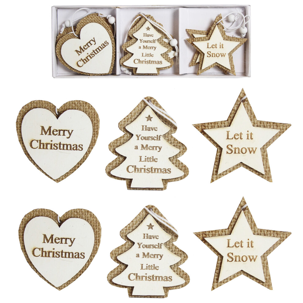 Wooden Christmas Tree Decorations Heart Star Tree - 6 Pack Hessian