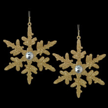 Christmas Tree Decoration - 2 Pack 14cm Glittery Snowflakes with Gem Centre - Gold