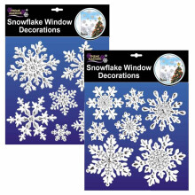 Set of 2 White & Silver Snowflake Window Clings – Gem-Effect Christmas Snowflakes (14-Piece)
