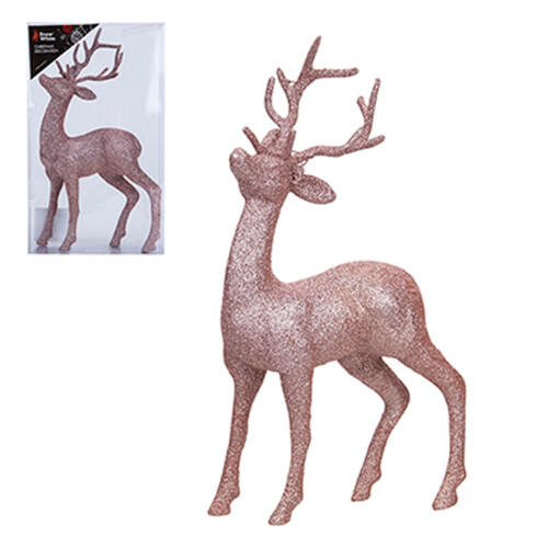 Glitter 26cm Standing Reindeer Stag Christmas Decoration - Rose Gold