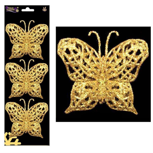 Christmas - 3 Pack Wire on Glitter Butterfly Tree Decorations (DP) - Gold