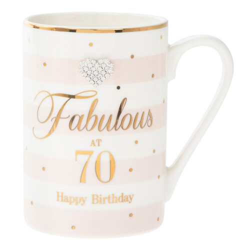 Mad Dots Boxed Mug Cup with wording & diamante heart - 70th Birthday