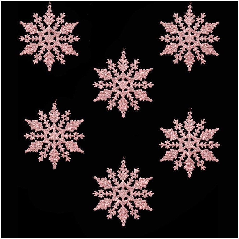 Christmas Tree Decorations - 6 Pack Glitter Snowflakes - 53969 PINK