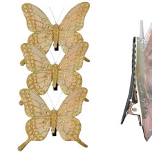 Christmas 3 Pack Clip on Feather Butterfly with Glitter Tree Decoration - Champagne Gold