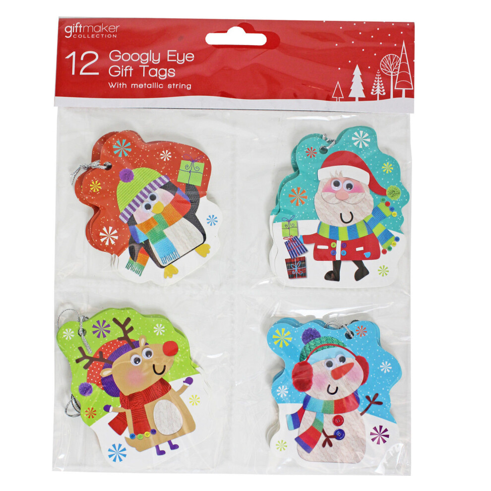 12 Pack Googly Eye Christmas Character Gift Tags Penguin Santa Snowman Reindeer