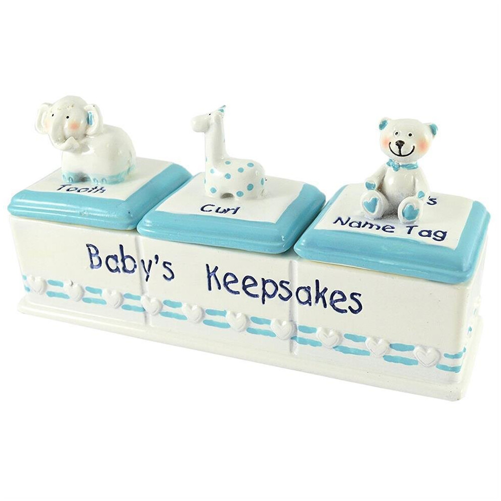 Baby Triple Keepsake Box With Animals - Name Tag, Curl, Tooth - Baby Boy Blue Shudehill