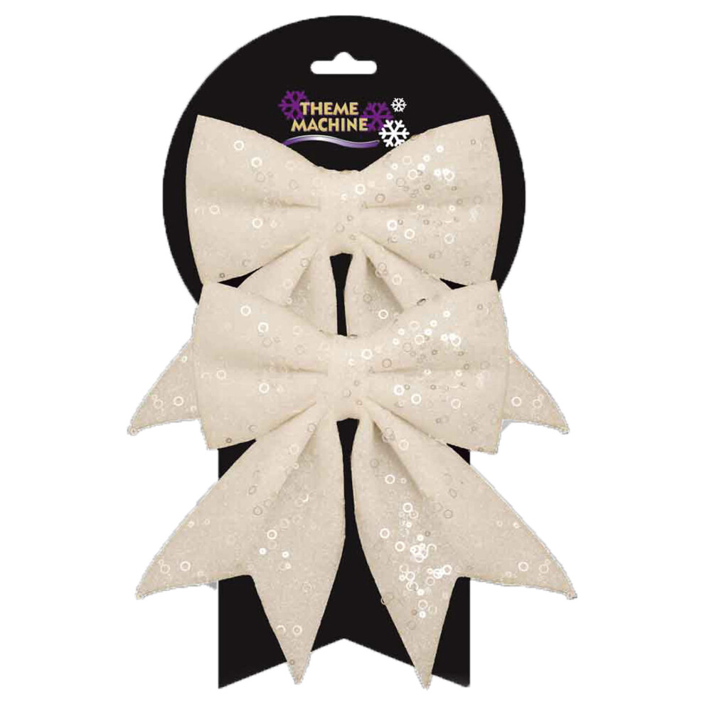 Christmas Tree Decoration 2 Pack 16cm Glitter & Sequin Bows - White