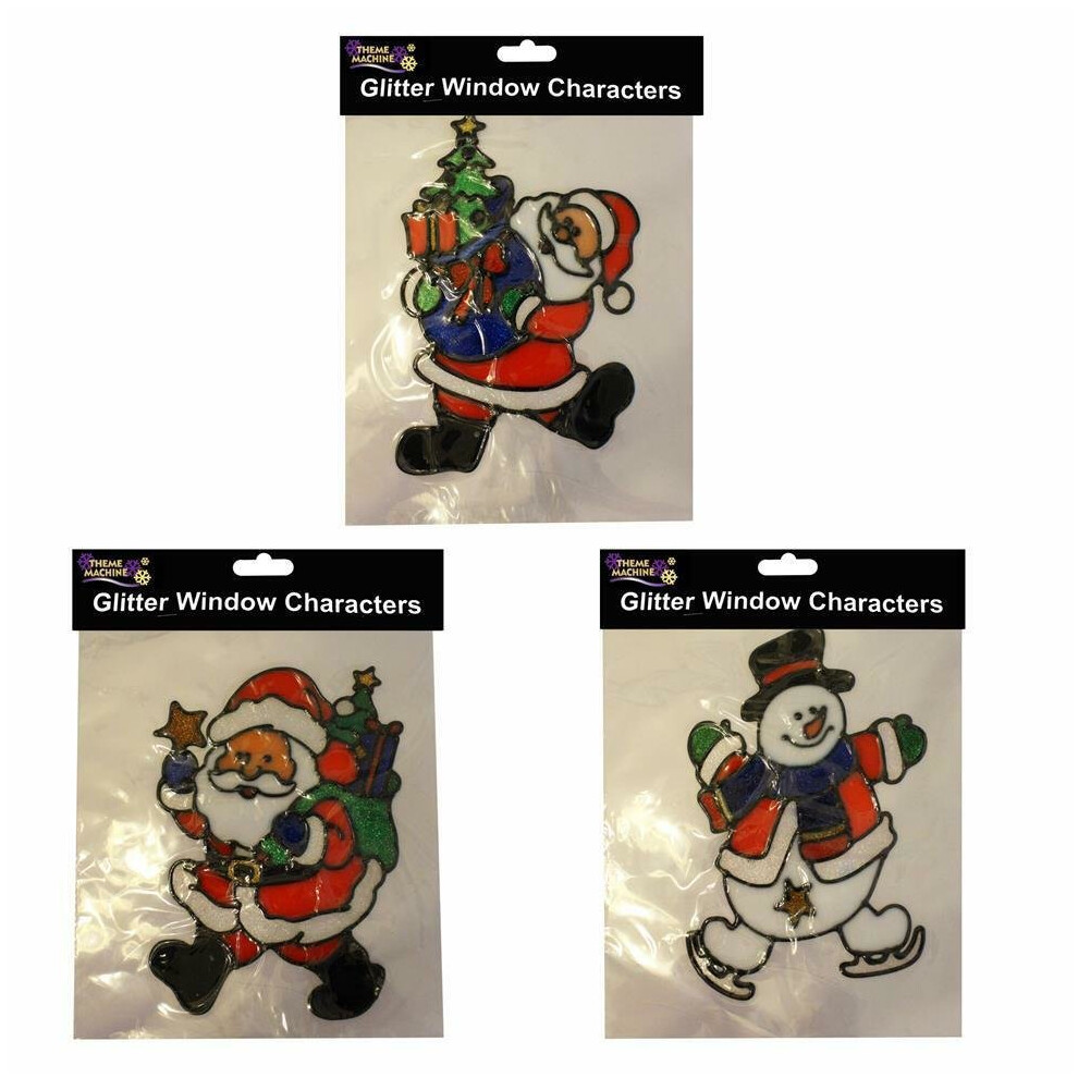 3 Packs Christmas Glittery Window Cling - 2 Santa & 1 Snowman Design