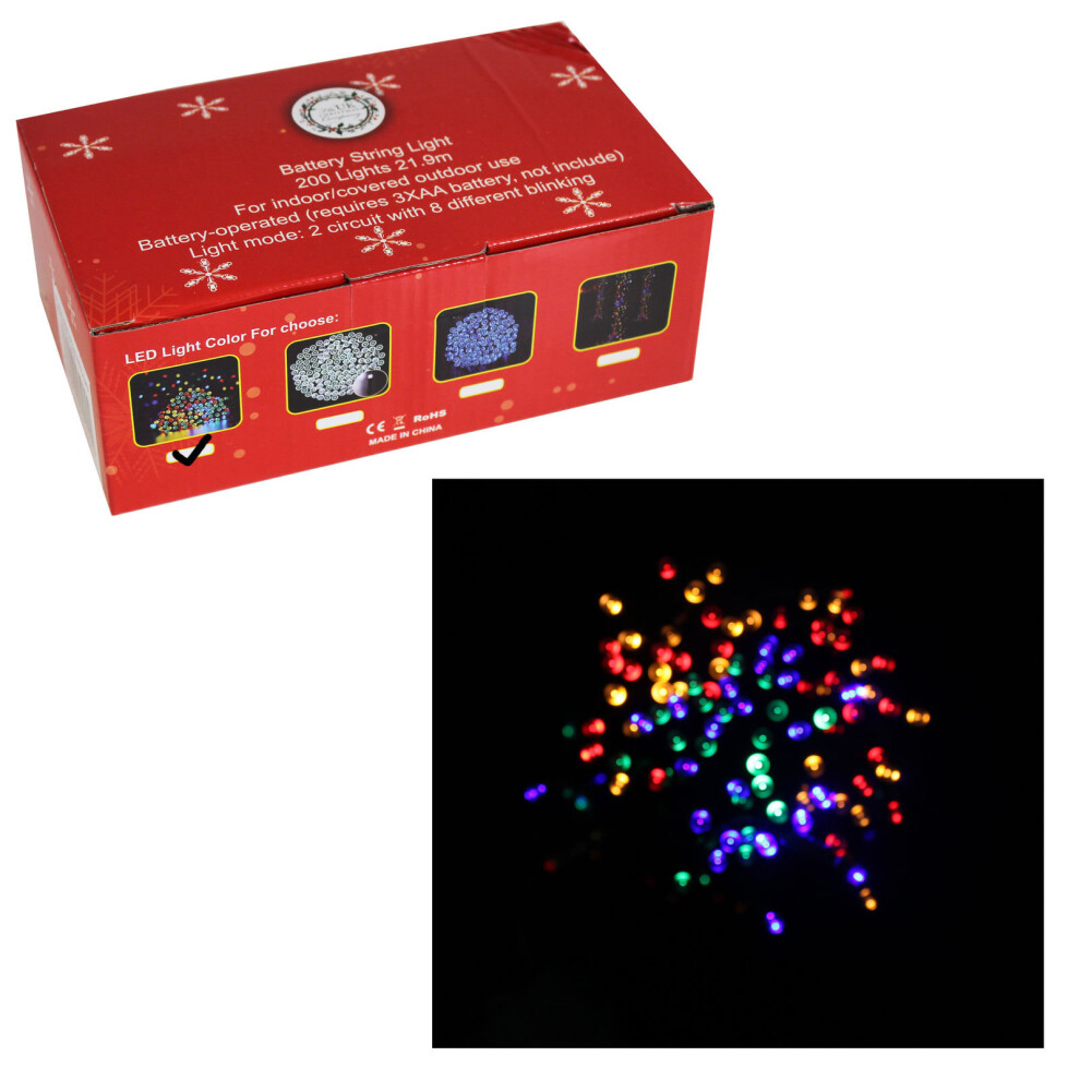 200 Battery Christmas Lights - Multi-Colour, 21.9m, 8 Modes, Indoor/Outdoor (Green Cable)