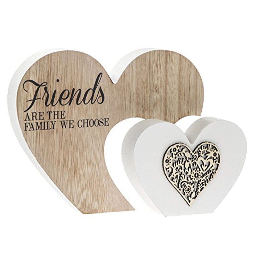 Leonardo Collection Laser Cut Wooden Double Heart Plaque - Friends are Family we choose