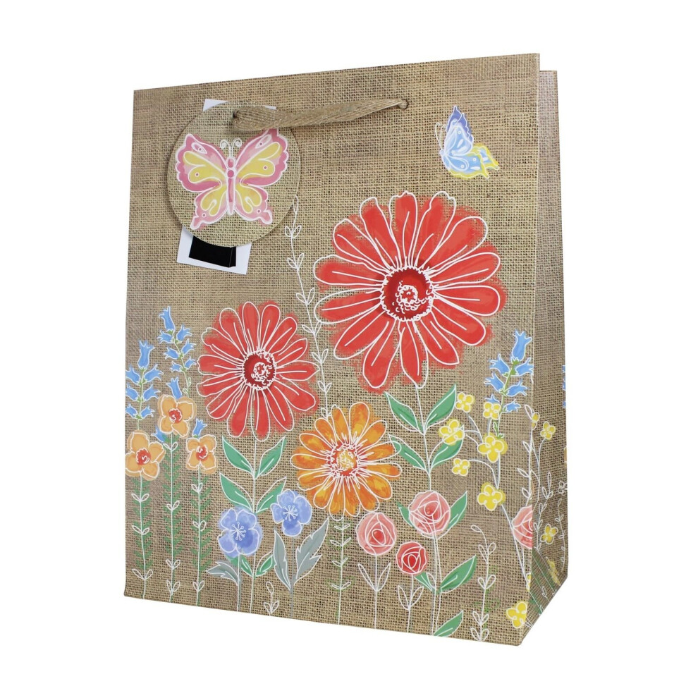 Gift Bag with Tag - 26.5x21cm Special Occasions - Hessian Look - Flowers