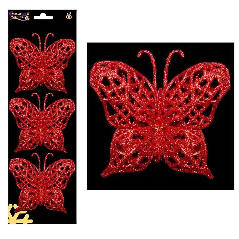 Christmas - 3 Pack Wire on Glitter Butterfly Tree Decorations (DP) - Red