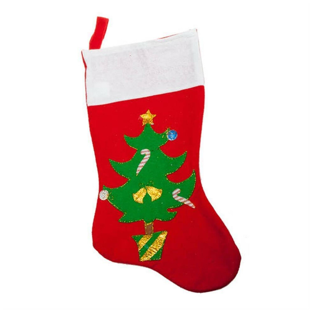 Christmas Red White Stocking with Felt Picture - Tree