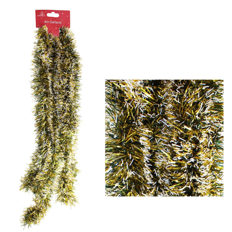 Christmas 4 Metre Snow Tipped Tinsel - Tree Room Banister Decoration - Gold