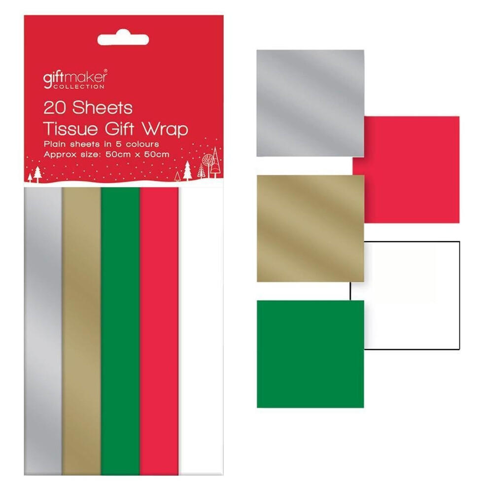 Christmas 20 Sheets Tissue Paper Gift Wrap 5 Colours 50x50cm