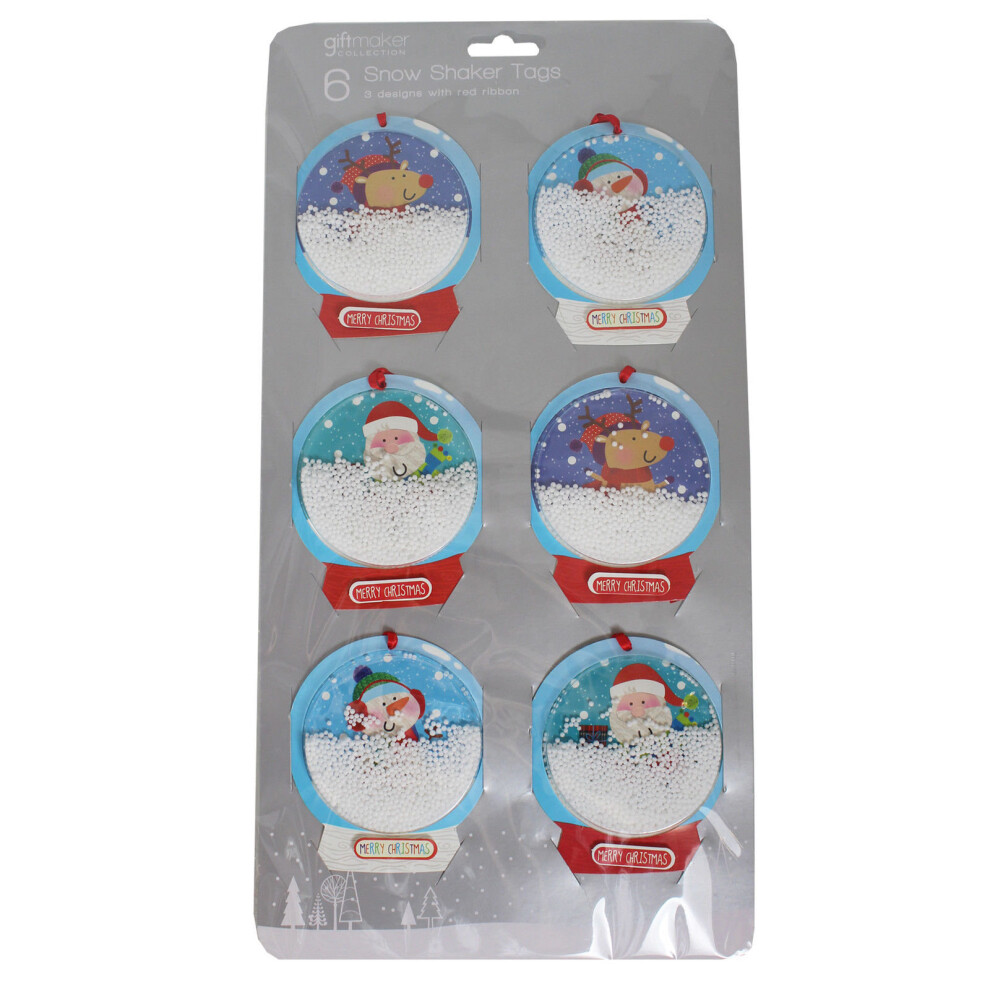 6 Pack Snow Filled Christmas Gift Tags Santa Snowman & Reindeer