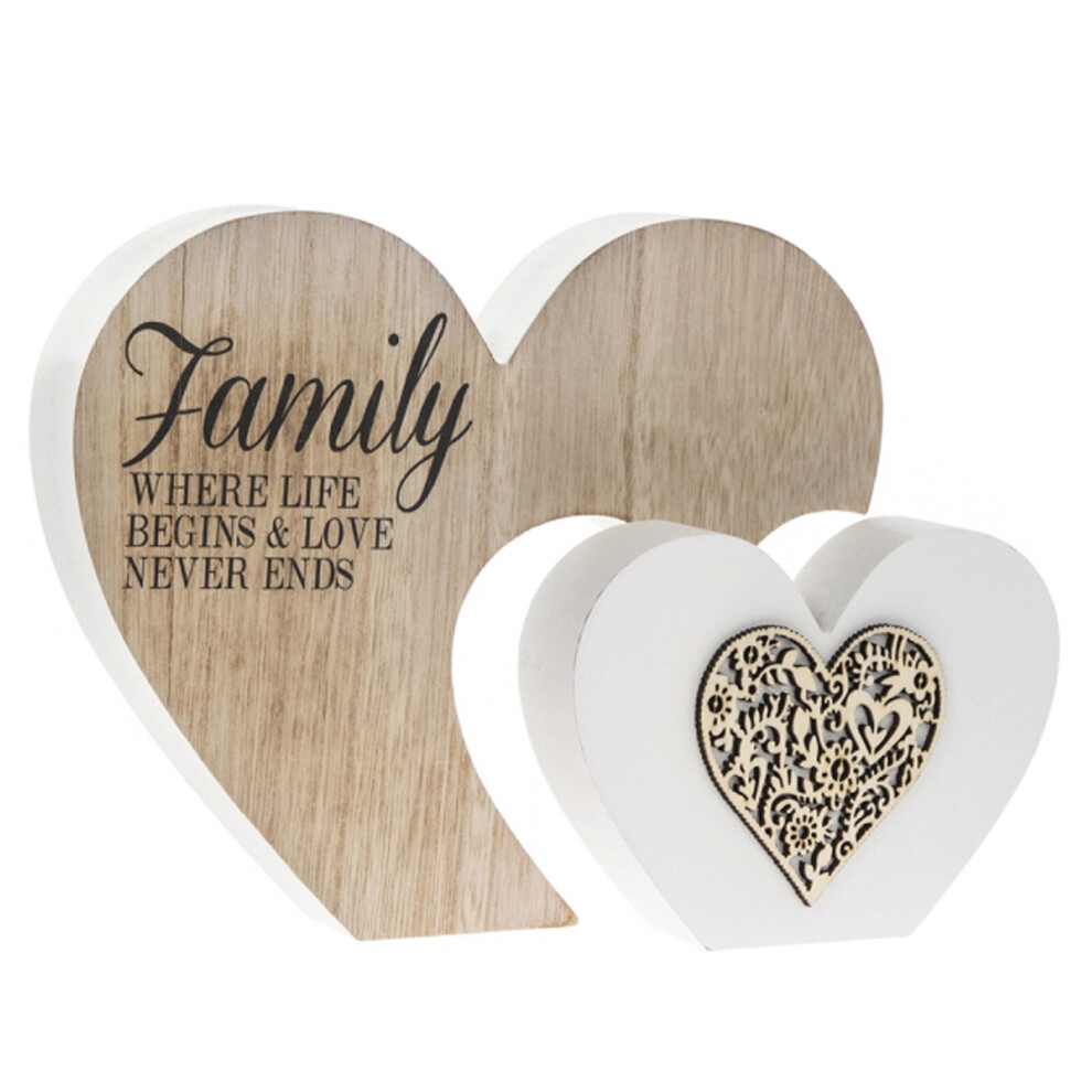 Leonardo Collection Laser Cut Wooden Double Heart Plaque - Family Where life begins