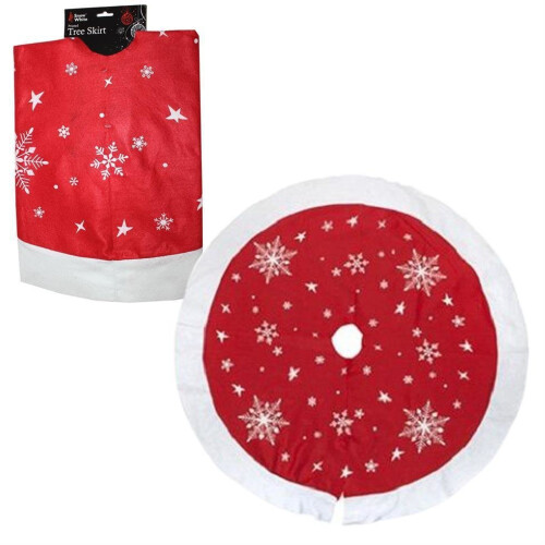 PMS 90cm Red Tree Skirt with White Snowflakes & Trim