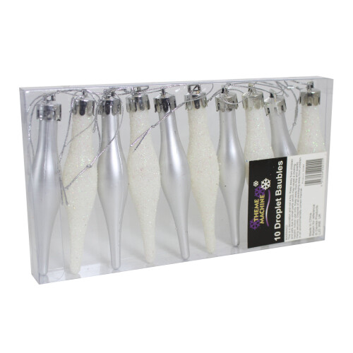 Christmas Decoration 10 Pack 90mm Glitter / Plain Droplets - Silver & White