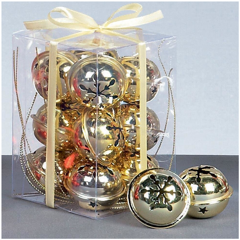 Christmas Decoration 12 Pack Snowflake 40mm Jingle Bell Baubles - GOLD