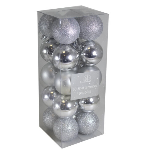 Shatterproof Christmas Tree Decoration - 20 Pack 60mm Baubles - Silver