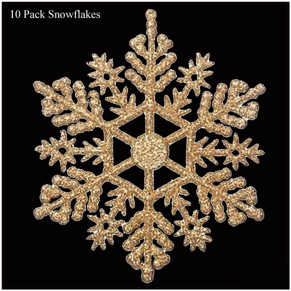 Christmas Tree - Room Decorations - 10 Pack Glitter Snowflakes - Gold