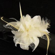 Wedding / Prom Wrist Flower & Feather Corsage on Pearl Bracelet - Cream / Ivory