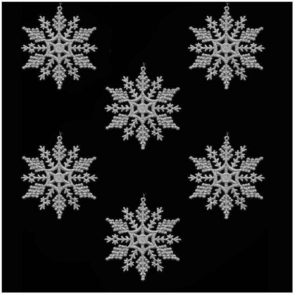 Christmas Tree Decorations - 6 Pack Glitter Snowflakes - 53602 SILVER