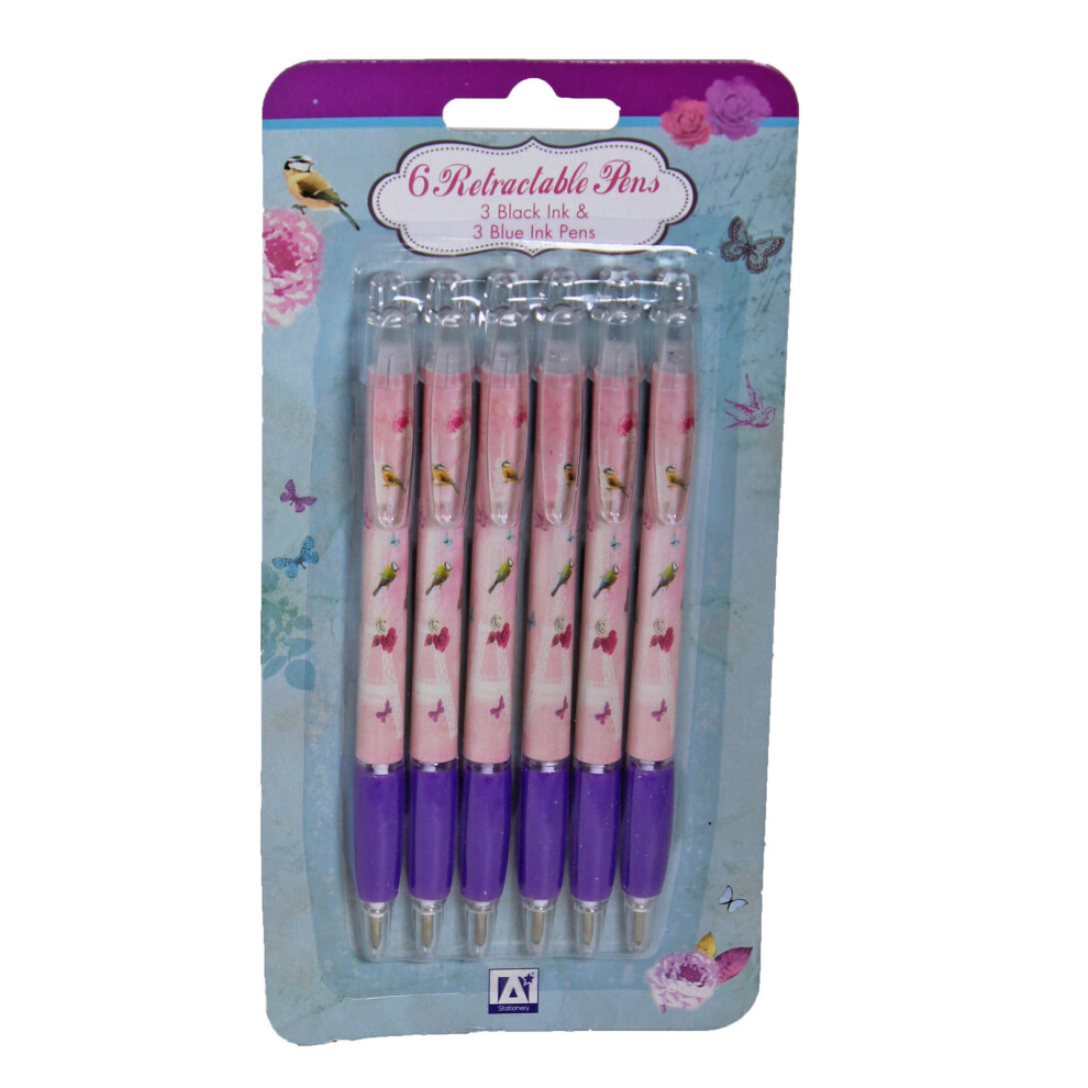 6 Pack Retractable Pens 3 Black 3 Blue Bird Flower Design