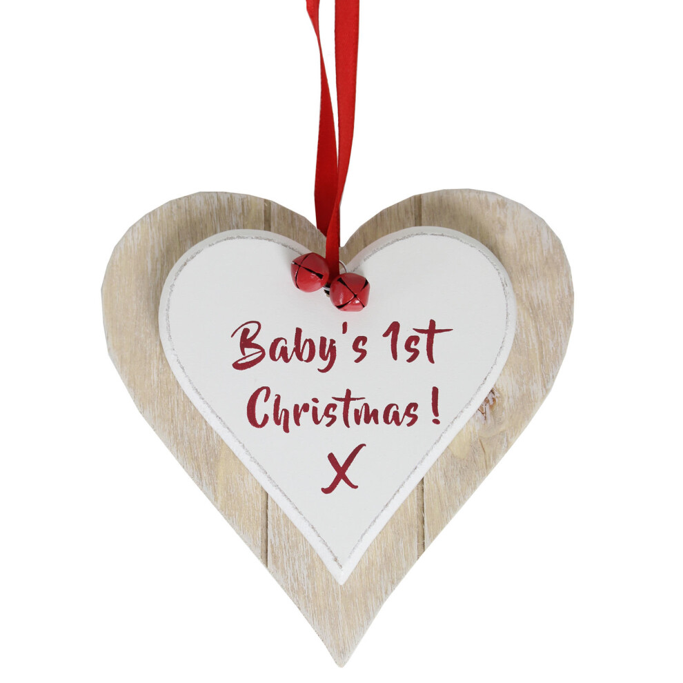 Double Layer Wooden Hanging Shabby Chic Heart Plaque - Baby's 1St Christmas White The Leonardo Collection