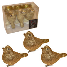 Christmas Decoration 3 Pack 8cm Clip on Glitter Birds - Gold