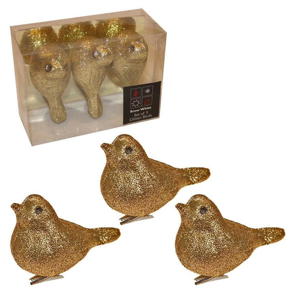 Christmas Decoration 3 Pack 8cm Clip on Glitter Birds - Gold