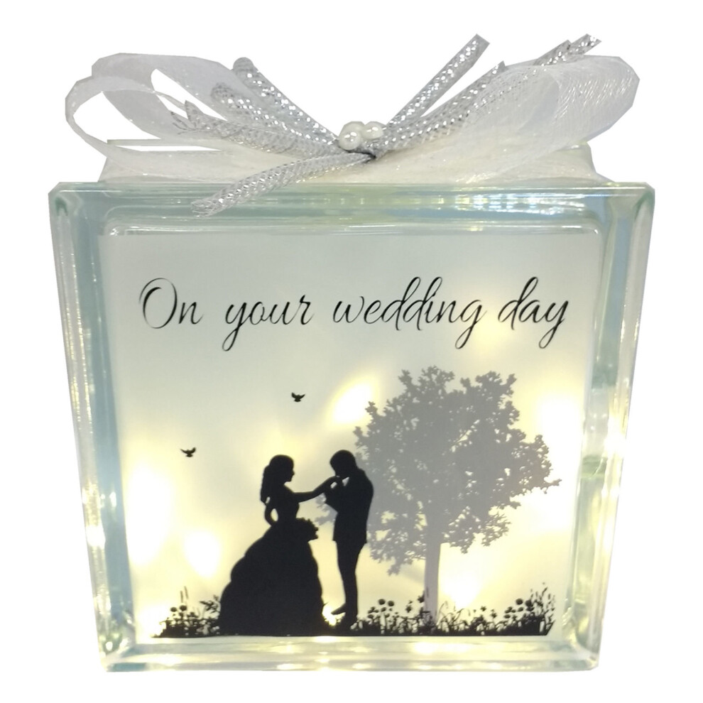 Sentiment Light up LED Glass Block 19 x 19 cm - Wedding Day