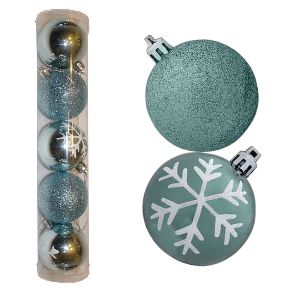 Christmas Decoration 5 Pack 60mm Snowflake & Glitter Baubles - Ice Blue