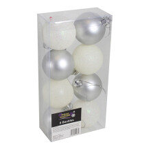 Christmas Decoration 8 Pack 50mm Glitter / Plain Baubles - Silver & White