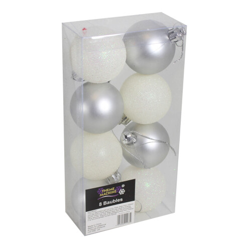 Christmas Decoration 8 Pack 50mm Glitter / Plain Baubles - Silver & White